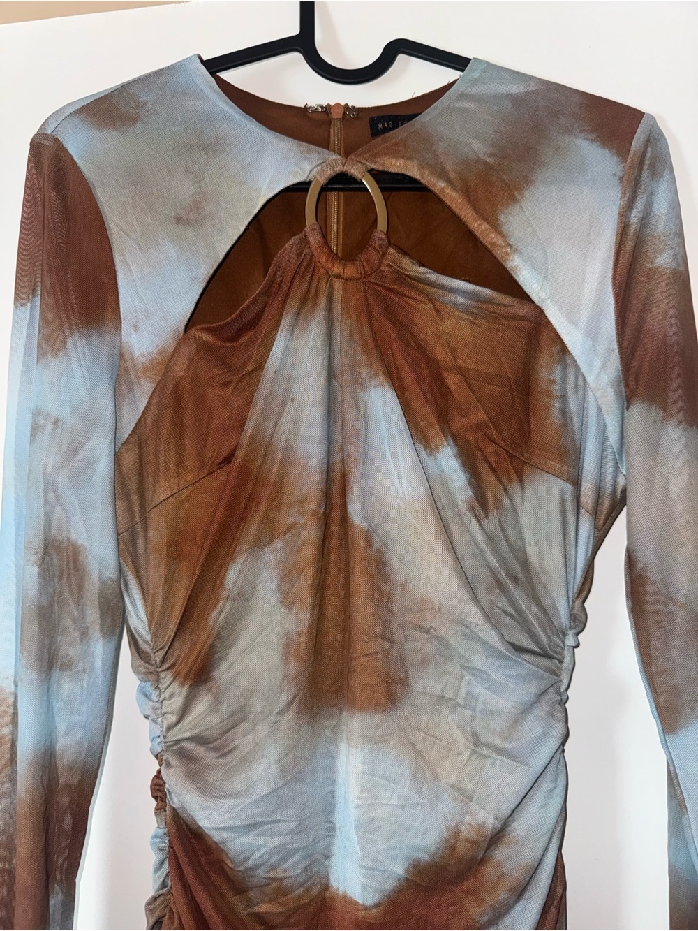 Tie-Dye Cutout Long Sleeve Dress with Ring Detail - Brown & Light Blue